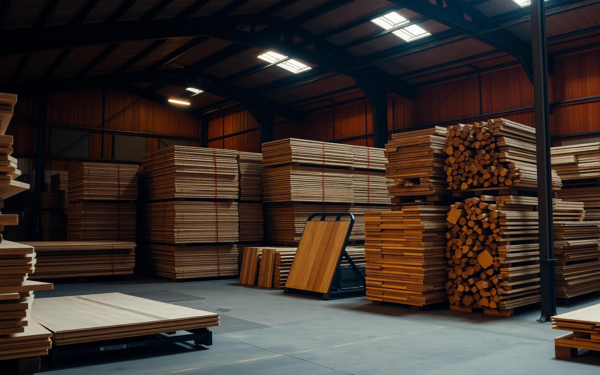Wholesale plywood sheets and timber logs stacked at Sri Vigneshwara Enterprises Hyderabad warehouse