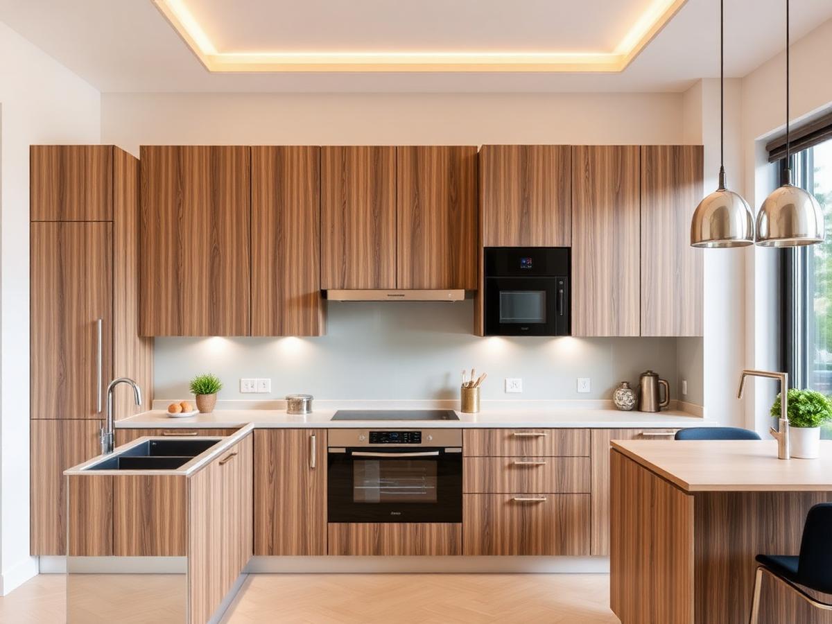 Modern modular kitchen cabinets with wood finish